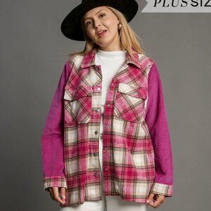 Umgee Plaid Pink Jacket/Schaket w Corduroy Sleeves Plus size